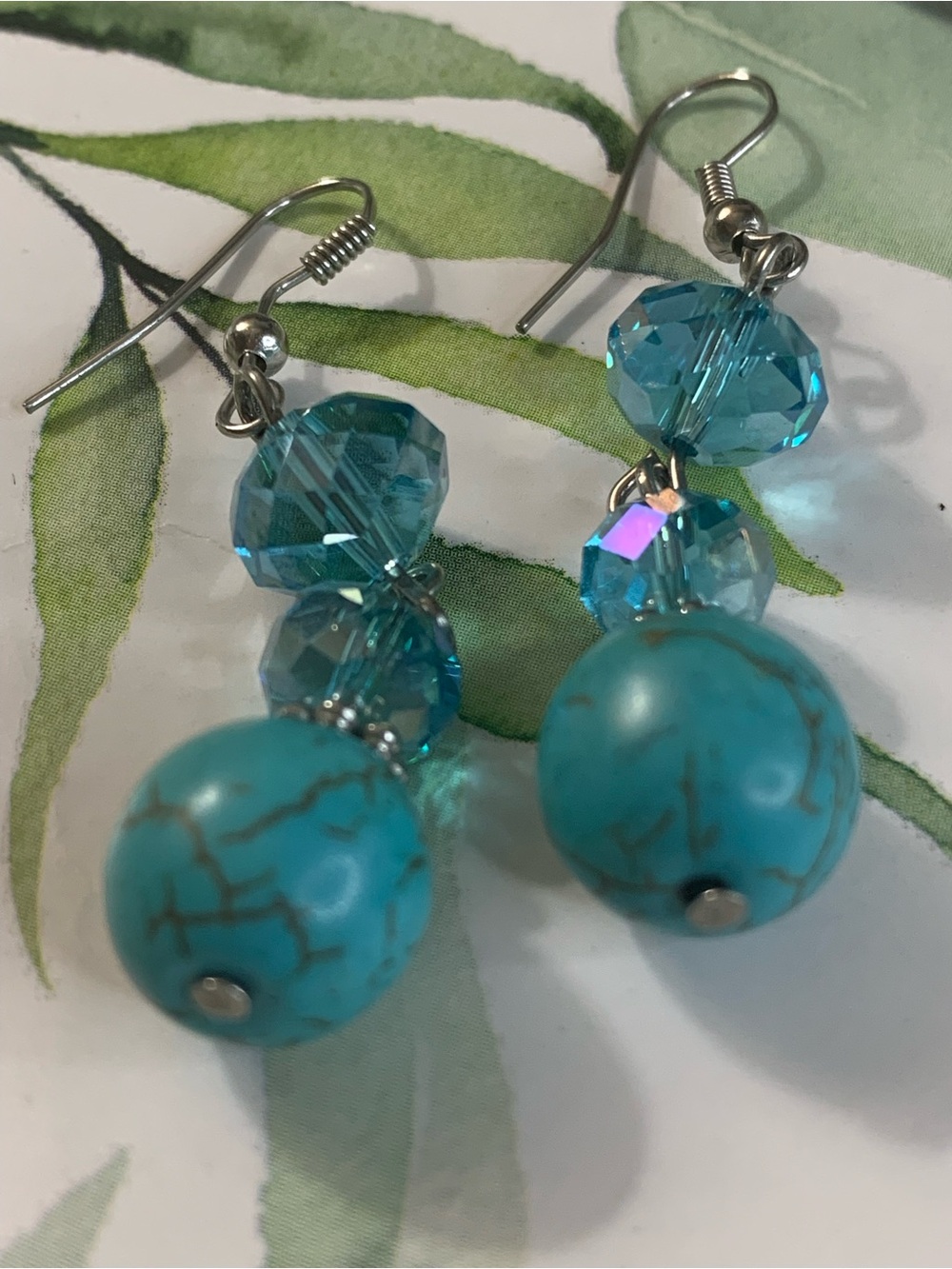 Turquoise Bead Dangle Earrings - Blue Crystal Accents